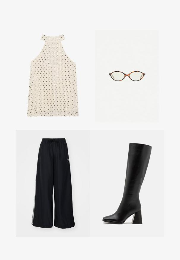 Ujjatlan pántos felső krém színben, barna pöttyökkel, magas nyakkal és pliszírozott anyaggal az extra textúra érdekében.; Fekete, bő szabású nadrág, könnyű anyagból készült. Rugalmas derékkal, zsinórral és fehér oldalcsíkokkal rendelkezik. Márkalogó a csípőn.; Fekete, térd fölé érő csizma, sima bőrből készült, négyzet alakú orral és tömzsi, textúrált sarokkal. Egyszerű és letisztult dizájn.; Tortábar színű szemüveg ovális lencsékkel és sima, elegáns felülettel. Vékony szárakkal rendelkezik, amelyeken finom ív található a halántéknál. Átlátszó lencsék.