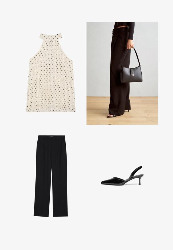 Bez piedurknēm halter top krēmkrāsā ar brūniem punktiņiem, piedāvājot augstu apkakli un plisētu audumu, lai pievienotu tekstūru.; Melni bikses ar taisnu kāju dizainu, kurām ir divi priekšējie kabatas un jostasvieta. Izgatavotas no gludas, vieglas auduma.; Melnas lakotas ādas siksnas papēža kurpes ar garu purngalu, zemu stiletto papēdi un elegantu, vienkāršu dizainu bez rotājumiem.; Melnā somiņa ar strukturētu formu, gludu tekstūru un metālu sprādzi. Saskaņota ar platām melnām biksēm un sandālēm ar atvērtu purngalu uz koka grīdas.; Zeltainā tonī auskari, kas iekļauj dažādus dizainus, tostarp pīrsingu, gredzenus un karājošus elementus ar pērlēm un rhinestones.