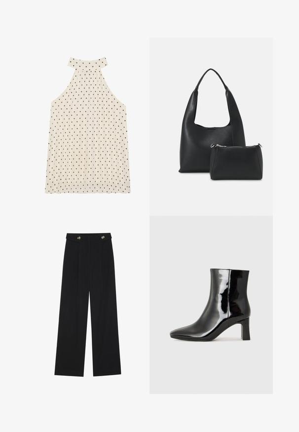 Top sin mangas tipo halter en color crema con lunares marrones, que cuenta con un cuello alto y tela plisada para añadir textura.; Pantalones de pierna ancha negros con cintura alta, detalles de botones en la cinturilla y pliegues en la parte delantera.; Botín de charol negro con punta afilada y un tacón de bloque de altura media. Textura suave y diseño minimalista.; Even&Odd Bolso de mano - black