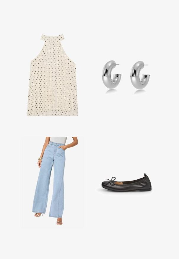 Beigi be rankovėmis halterio tipo viršus su rudiomis taškeliais, turintis aukštą apykaklę ir klostuotą audinį, suteikiantį papildomo tekstūros.; Šviesiai mėlynos plačios džinsinės kelnės su aukštu liemeniu, priekinėmis kišenėmis ir viduriniu siūlu; pagamintos iš minkštos medvilnės džinsinio audinio.; Juodas odinis baletinių batelių modelis su suapvalintu nosiu, plonu kaspinu priekyje ir elastine juostele, užtikrinančia tvirtą prigludimą. Plokščias padas komfortui.; Sidabro, poliruoti metaliniai žiedai su lygiu, apvaliu pavidalu ir atvira tarpa priekyje. Yra su užsegimu, užtikrinančiu saugų nešiojimą.