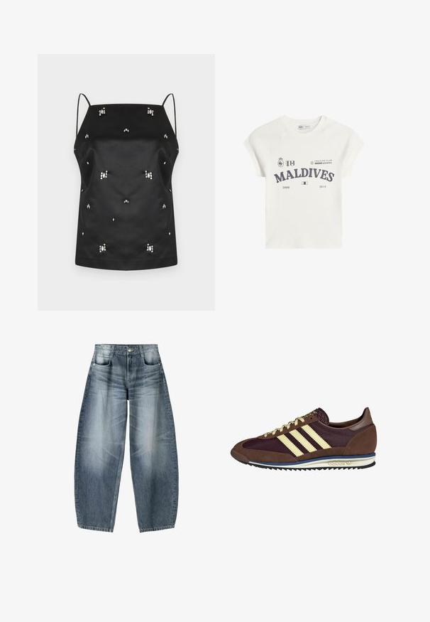 Czarna satynowa koszulka na ramiączkach z cienkimi paskami, ozdobiona rozproszonymi kryształowymi zdobieniami i luźnym krojem. Gładka faktura i minimalistyczny design.; Biała bawełniana koszulka z krótkimi rękawami raglanowymi. Posiada grafikę "MALDIVE" w ciemnoszarym kolorze, a także logotypy i daty 2008 oraz 2014.; Jeansy o szerokich nogawkach w jasnoniebieskim denimu z wyblakłymi miejscami, z pięcioma kieszeniami, zapinane na guziki oraz minimalnymi detalami przeszycia.; Brązowe i burgundowe sneakersy wykonane z zamszu i siateczkowych materiałów, z trzema kremowymi paskami, teksturowanym materiałem na języku i gumową podeszwą.