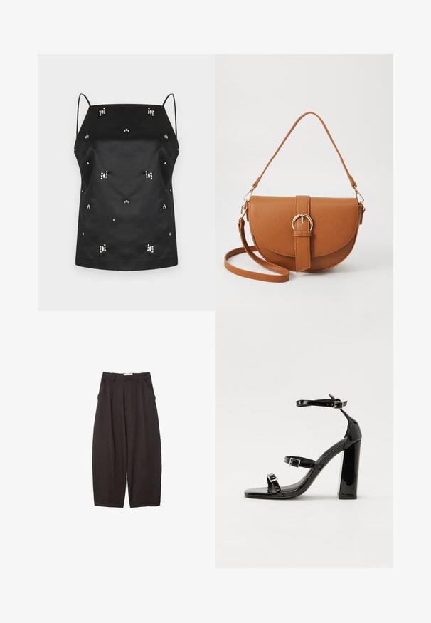 Camisole en satin noir avec fines bretelles, ornée de cristaux dispersés et d'une coupe décontractée. Texture lisse et design minimaliste.; Pantalons larges noirs en tissu lisse, avec une taille haute, des plis avant et des poches latérales. Design simple sans embellissements.; Sandales à talons hauts en cuir verni noir avec deux brides à boucles, bout carré et talon bloc épais, présentant une texture lisse et brillante.; Sac bandoulière en cuir marron avec une forme incurvée, quincaillerie dorée et un accent en boucle. Comprend une bandoulière détachable.