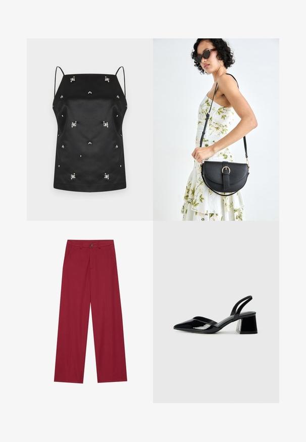 Camisole en satin noir avec fines bretelles, ornée de cristaux dispersés et d'une coupe décontractée. Texture lisse et design minimaliste.; Pantalons larges en tissu lisse et texturé de couleur rouge profond. Comprend des poches avant et une fermeture à un bouton à la taille.; Escarpins en cuir verni noir avec bout pointu et talon bloc géométrique. Présente un design élégant et minimaliste ainsi qu'une texture lisse.; Sac à main en cuir noir avec une forme courbée, bandoulière amovible et des accessoires en or. Le sac est doté d'un rabat avec un détail de boucle.