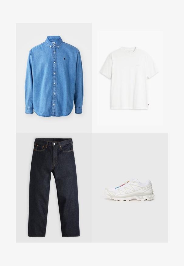 Denim skjorte med knapper, lys blå i fargen, med krage, lange ermer og en liten logo på brystet. Har hvite knapper og sømmer.; Hvit bomulls-T-skjorte med korte ermer, rund hals og en subtil "Levi's"-logo trykt i lys farge på fremsiden.; Mørkeblå denimjeans med rett snitt, fem lommer, kontrasterende oransjefarget søm, og glidelås med knapp. Ingen synlige mønster eller dekorasjoner.; Hvite joggesko med teksturert mesh-overdel, reflekterende detaljer og dempet såle. Merkbar merkevarelogo på siden.