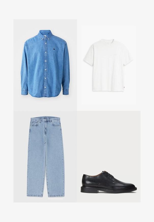 Camicia in jeans con bottoni, di colore azzurro chiaro, con colletto a punta, maniche lunghe e un piccolo logo sul petto. Presenta bottoni bianchi e cuciture a vista.; T-shirt bianca in cotone con maniche corte, scollo rotondo e un sottile logo "Levi's" stampato in colore chiaro sul davanti.; Jeans in denim azzurro chiaro con design a gamba dritta, caratterizzati da una vita media, cinque tasche e chiusura con bottone e zip.; Scarpa da uomo in pelle nera con punta rotonda, design con lacci e tacco basso impilato. Texture liscia con dettagli di cucitura minimi.