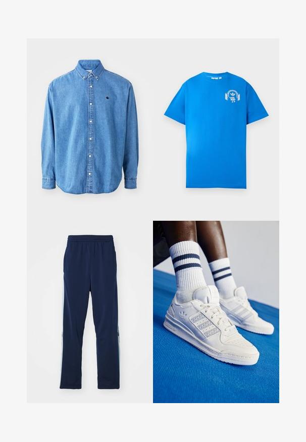 Camicia in jeans con bottoni, di colore azzurro chiaro, con colletto a punta, maniche lunghe e un piccolo logo sul petto. Presenta bottoni bianchi e cuciture a vista.; T-shirt in cotone blu con maniche corte. Presenta una grafica bianca sulla parte anteriore, che mostra un personaggio con cuffie e un arco.; Pantaloni da jogging navy realizzati in tessuto elasticizzato, con una ampia cintura elastica, taglio dritto e leggeri pannelli laterali con dettagli logo.; Sneaker bianchi in pelle con dettagli perforati, tre strisce metalliche e un pannello laterale testurizzato. Indossati con calzini bianchi con strisce blu.