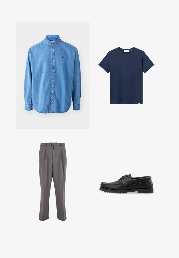 Gaiši zila džinsu krekla blūze ar pogām, ar punktveida apkakli, garām piedurknēm un mazu logo uz krūtīm. Iespējas ietver baltas pogas un šuvuma šuvumu.; Tumši zila kokvilnas T-kreklu ar apaļu izgriezumu, īsām piedurknēm un mazu izšūtu logo kreisajā krūtī. Gluda tekstūra.; Pelēki plīsētie bikses no gludas auduma, ar taisnu griezumu, vienu pogu aizdari un jostas cilpiņām. Minimālisma dizains.; Melnas ādas laivu kurpes ar teksturētu virsmu, sasienamas, ar gumijas zoli un saķeri, kā arī metāla acīm sānos.