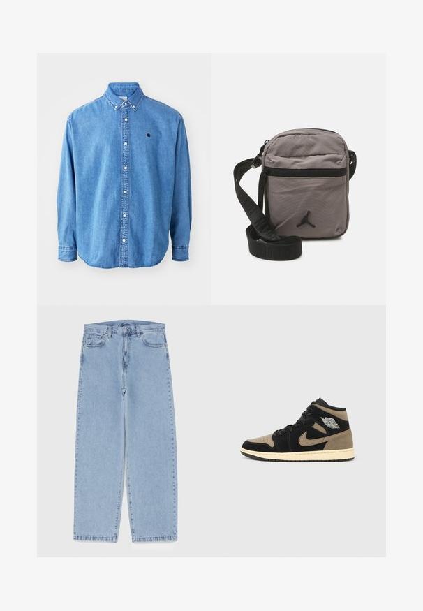 Denim skjorte med knapper, lys blå i fargen, med krage, lange ermer og en liten logo på brystet. Har hvite knapper og sømmer.; Lyseblå denimjeans med rett ben-design, med mid-rise liv, fem lommer og knap og lynlås lukning.; Høye sneakers med svart og tan semsket skinn, perforert tå, beige mellomsåle, svarte lisser og en sølvfarget logo på siden.; Grå nylon crossover bag med glidelåslomme foran, justerbar svart stropp og svart logo aksent foran. Kompakt og lett design.; Marineblå ryggsekk med røde detaljer, flere glidelåslommer, logo-patcher og justerbare stropper. Laget av slitesterkt stoff.