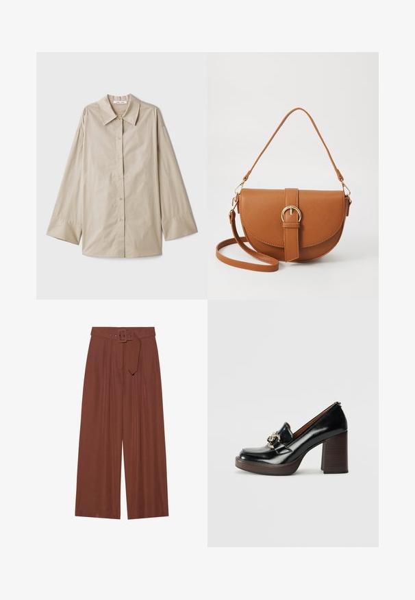 Beige long-sleeve shirt with a large pointed collar, button front, and wide sleeve cuffs. Made from a smooth, lightweight fabric.; Wide-leg trousers in brown fabric, featuring a belt with a square buckle, pleated design, and smooth texture.; Black leather high-heeled loafer with round toe, decorative silver hardware, wooden block heel, and smooth polished finish.; Brown leather crossbody bag with a curved shape, gold hardware, and a buckle accent. Features a detachable shoulder strap.