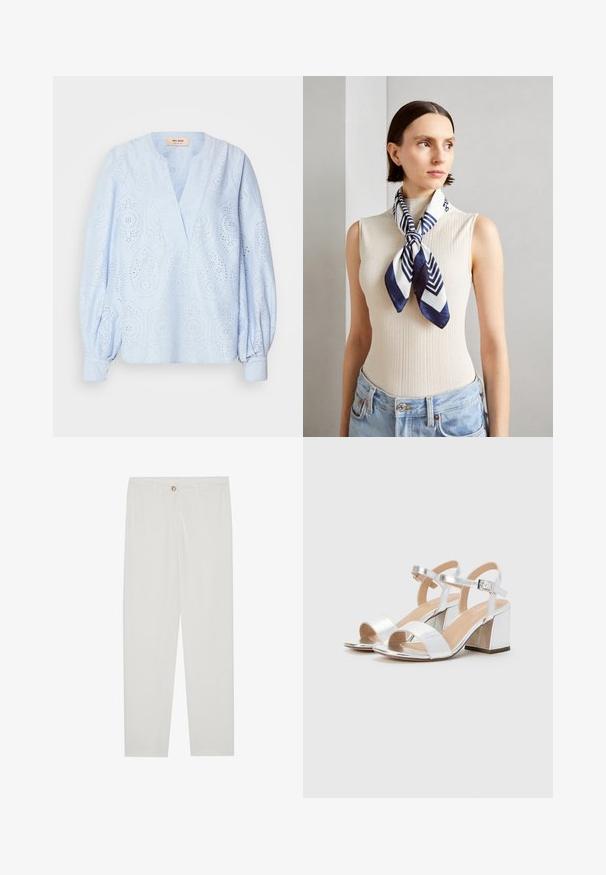 Ljusblå blus med v-ringning, långa puffärmar och intrikat broderimönster. Mjuk bomullstextur och avslappnad passform.; Vita, skräddarsydda byxor med rak benform, med knappstängning, bältesslingor och sidofickor; mjuk tygtextur.; Silverfärgade högklackade sandaler med öppen tå, med två breda remmar och en rund blockklack. Slät textur med metallisk finish.; Siden scarf i marinblått och vitt med ett geometriskt zigzagmönster. Slät textur, snyggt knuten runt halsen, kompletterar en ribbad topp.