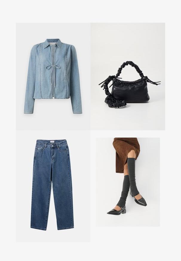 Jaqueta de ganga azul-claro com mangas longas, fecho frontal com laço e detalhes de costura delicados. Apresenta um colarinho clássico e corte reto.; Jeans de denim azul clássicos com um design de perna reta, cinco bolsos e fecho de botão. Apresenta um tratamento médio e uma textura resistente.; Sapatos pretos de pele lacada com biqueira pontuda, salto bloco e tiras no tornozelo, combinados com caneleiras cinzas em malha e uma saia de camurça castanha.; Bolsa de mão em couro sintético preto com textura de crocodilo, topo franzido e alça enrugada. Apresenta um design suave e compacto.