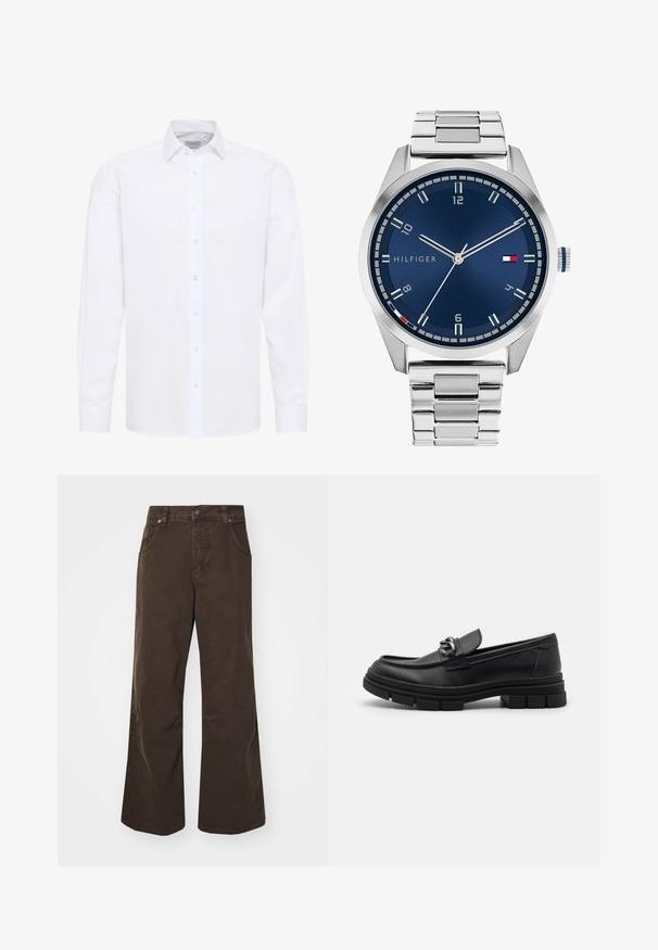 Chemise blanche, à manches longues, à boutons sur le devant, col classique, en coton lisse, présentant une texture subtile et des boutons transparents.; Pantalons larges marron en coton, avec une taille haute, des poches avant et une texture lisse. La finition comprend des détails de couture discrets.; Mocassin en cuir noir avec un bout arrondi, une lanière décorative et des éléments en métal, et une semelle texturée épaisse. Finition lisse avec des détails subtils.; Montre en métal argenté avec un cadran bleu brossé, des index heures blancs et un affichage de la date. Comprend un bracelet métallique à maillons et le logo de la marque.; Collier en argent avec des maillons épais et un pendentif circulaire central avec des détails complexes. Surface en métal lisse et réfléchissante.