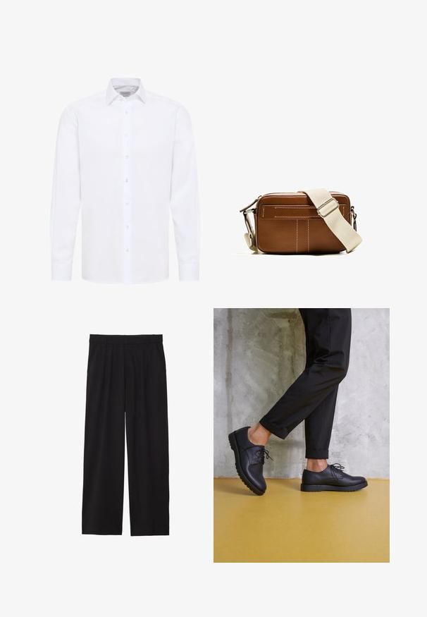 Witte dress shirt, lange mouwen, knoopsluiting aan de voorkant, klassieke kraag, gladde katoenstof, met subtiele textuur en heldere knopen.; Zwarte wijde broek met geplooide voorkant, zijzakken en een gladde stoftextuur. Ontworpen voor een ontspannen pasvorm.; Zwart leren veterschoenen met een ronde neus, gestructureerd oppervlak en dikke rubberen zool. Gekocht met opgerolde zwarte broeken tegen een betonnen achtergrond.; Bruine leren schoudertas met witte stiksels, rechthoekige vorm, ritsafsluiting en een verstelbare beige schouderband. Heeft twee voorvakken.