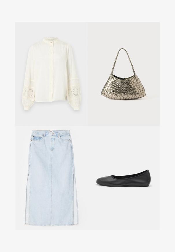 White cotton blouse with a mandarin collar, button front, and puffed long sleeves featuring embroidered floral lace accents.; Light blue denim maxi skirt with a straight cut, featuring side slits and five-pocket design. Prominent stitching and metal button closure.; Black leather ballet flat with a rounded toe, smooth texture, minimal stitching detail, and a flexible sole design.; Metallic woven handbag with a triangular shape, featuring a braided strap and a velvet-lined interior. Color: silver. Texture: smooth and fabric-like.