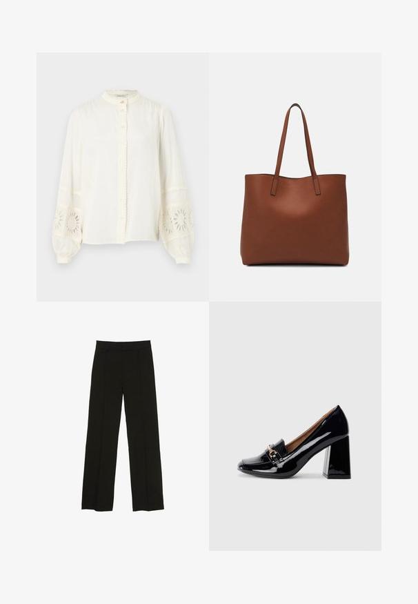 Valkoinen puuvillapusero, jossa on mandariinikaulus, nappikiinnitys ja puffaset pitkät hihat, joissa on brodeerattuja kukkakuvioita.; Mustat leveälahkeiset housut, jotka on valmistettu sileästä kankaasta. Niissä on istuva vyötärö ja hienovaraiset etupleatit, jotka lisäävät tekstuuria.; Musta patenttilakattu korkokenkä, jossa on kärjessä terävä muoto ja lohkarekorko. Koristeellinen nauha ja solki yksityiskohtina kengän päällä.; Ruskea nahkainen olkalaukku, jossa on sileä pinta, avoin yläosa ja kaksi olkahihnaa. Omaavat vain minimaalisen ompelun eikä näkyvää metalliosaa.