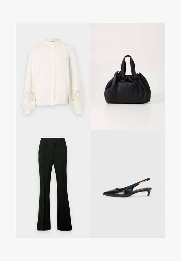 Blusa bianca in cotone con colletto alla cinese, chiusura a bottoni e maniche lunghe gonfie con dettagli in pizzo floreale ricamato.; Pantaloni neri a zampa d'elefante in tessuto liscio, con vita alta dotata di due bottoni e pieghe frontali, che donano un aspetto sartoriale.; Tacchi slingback in pelle nera con punta affusolata, caratterizzati da un tacco alto e un accento dorato sulla cinghia regolabile. Texture liscia.; Borsa a tracolla in pelle nera con design a cima arricciata, dotata di due manici corti e di una lunga tracolla regolabile. Texture liscia, forma arrotondata.