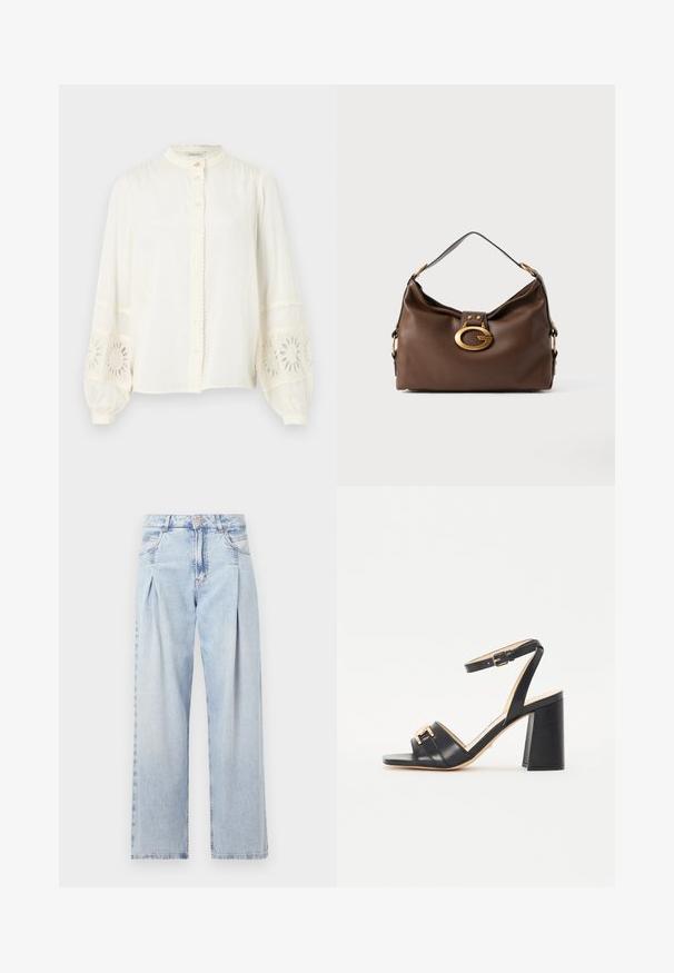 Blusa bianca in cotone con colletto alla cinese, chiusura a bottoni e maniche lunghe gonfie con dettagli in pizzo floreale ricamato.; Jeans in denim azzurro chiaro con vita alta, taglio a gamba larga, due tasche laterali e design plissettato. Texture morbida con una finitura sbiadita.; Sandali neri con tacco realizzati in pelle liscia, caratterizzati da una punta quadrata, fascetta alla caviglia e un accento dorato nella parte anteriore.; Borsa a mano in pelle marrone con una finitura testurizzata, dotata di un gancio in metallo dorato e di una singola tracolla curva.