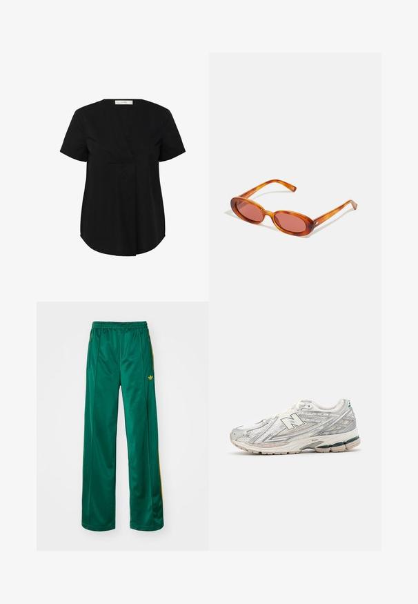 Črn top s kratkimi rokavi in rahlo ukrivljenim robom, ki ima V-izrez in skrit sprednji gub. Narejen iz gladkega, lahkega materiala.; Zelene satenske atletske hlače z udobnim krojem, ki vključujejo rumene stripe in vezeno logo na levi strani. Elastičen pas.; Tekaški čevlji imajo srebrno-belo mrežasto zgornji del z zelenim poudarkom. Konec je debel in teksturiran, zasnovan za blaženje udarcev in podporo.; Ovalne sončne očala s prozornim oranžnim okvirjem in toniranimi lečami. Elegantna zasnova z ozkimi ročaji, ki vsebujejo diskretne podrobnosti blagovne znamke.