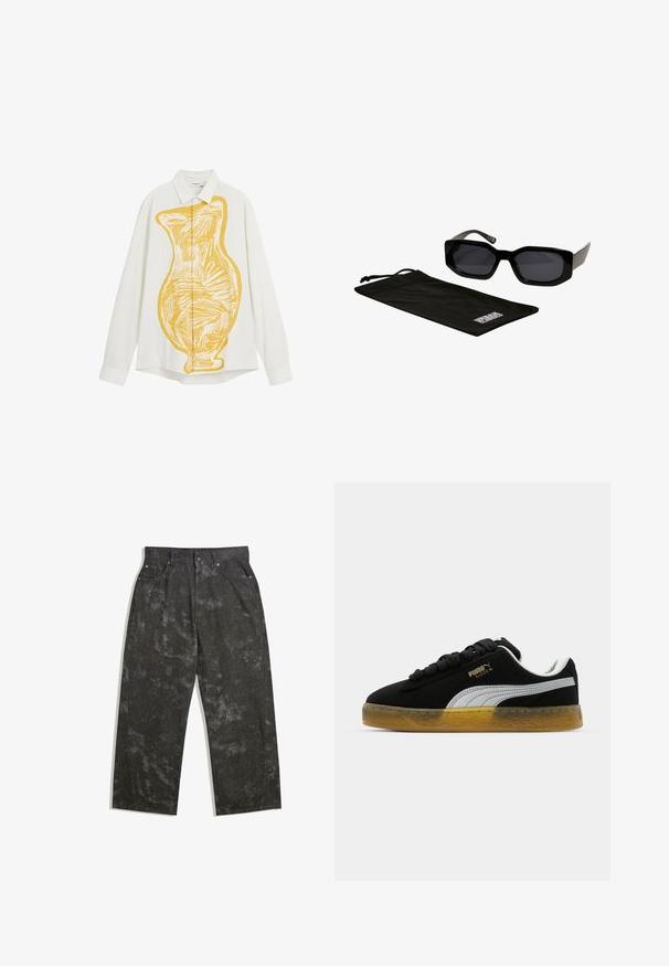 Weißes Hemd aus strukturiertem Stoff mit einer großen gelben Vasen-Grafik im Skizzenstil auf der Vorderseite. Klassischer Kragen und Knopfverschluss.; Dunkelgraue Jeanshose mit lockerer Passform, die dezente melierte Muster und metallische Details aufweist. Fünf-Taschen-Design.; Schwarze Leder-Sneaker mit weißem Seitenstreifen und goldenem Logo. Sie verfügen über eine Gummisohle mit strukturiertem Muster. Die Schnürsenkel sind schwarz und flach.; Schwarze Sonnenbrille mit eckigen, übergroßen Rahmen und dunklen Gläsern, begleitet von einem schwarzen Mikrofaserbeutel mit einem Logo.