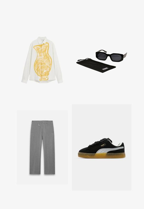 Weißes Hemd aus strukturiertem Stoff mit einer großen gelben Vasen-Grafik im Skizzenstil auf der Vorderseite. Klassischer Kragen und Knopfverschluss.; Graue maßgeschneiderte Hose mit strukturiertem Finish. Verfügt über einen Reißverschluss vorne, Seitentaschen und einen silbernen Hardware-Akzent. Gerade Beinform.; Schwarze Leder-Sneaker mit weißem Seitenstreifen und goldenem Logo. Sie verfügen über eine Gummisohle mit strukturiertem Muster. Die Schnürsenkel sind schwarz und flach.; Schwarze Sonnenbrille mit eckigen, übergroßen Rahmen und dunklen Gläsern, begleitet von einem schwarzen Mikrofaserbeutel mit einem Logo.