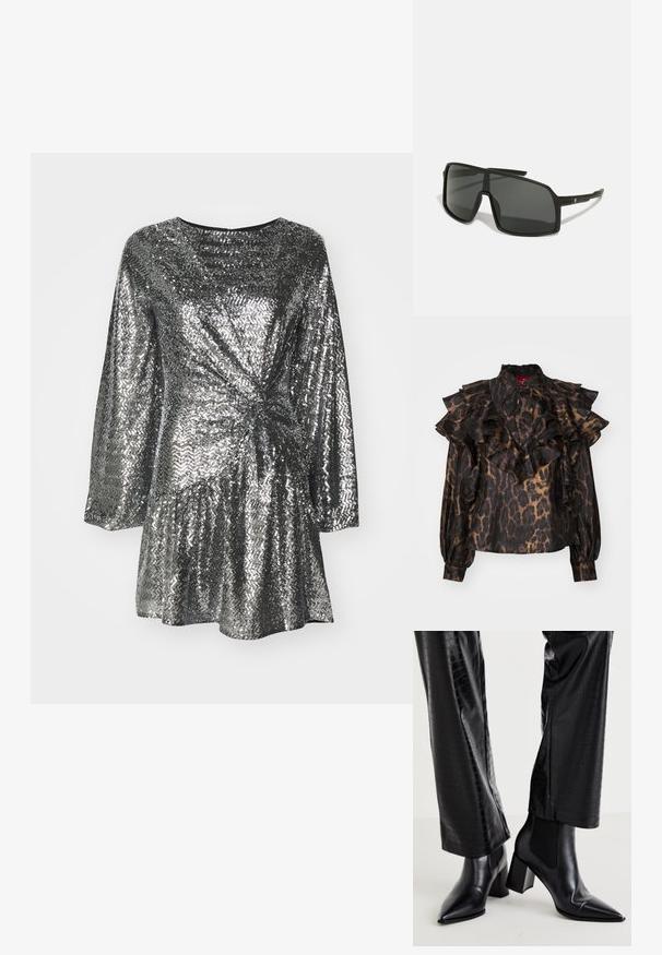 Black and brown leopard print blouse with ruffled design, high collar, and long sleeves. Features gathered fabric at shoulders and cuffs.; Silver sequin dress with long sleeves, featuring a twisted front design and flared skirt. Smooth texture with reflective surface.; RAID NEMMA - Classic ankle boots - black metallic; Black sunglasses with a large, angular frame, dark lenses, and thin, sleek arms featuring a small logo on one side.; Silver hoop earrings with a polished finish, featuring a circular design and seamless hinges, displaying a smooth texture.