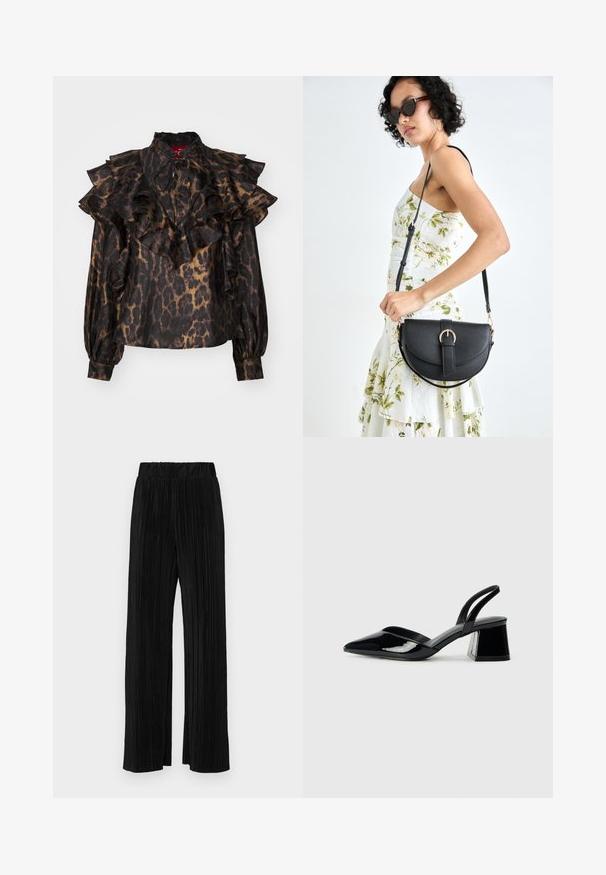 Bluzka w czarno-brązowy wzór geparda z falbaniastym designem, wysokim kołnierzem i długimi rękawami. Posiada marszczony materiał na ramionach i mankietach.; Czarne spodnie plisowane z elastycznym paskiem w talii. Posiadają szerokie nogawki oraz gładki, teksturowany materiał z pionowymi paskami.; Czarne lakierowane półbuty na obcasie z wydłużonym noskiem i geometrycznym słupkiem. Charakteryzują się eleganckim, minimalistycznym designem oraz gładką fakturą.; Czarna skórzana torebka o zakrzywionym kształcie, z odpinanym paskiem i złotymi akcentami. Torebka posiada klapę z zapięciem w kształcie klamry.