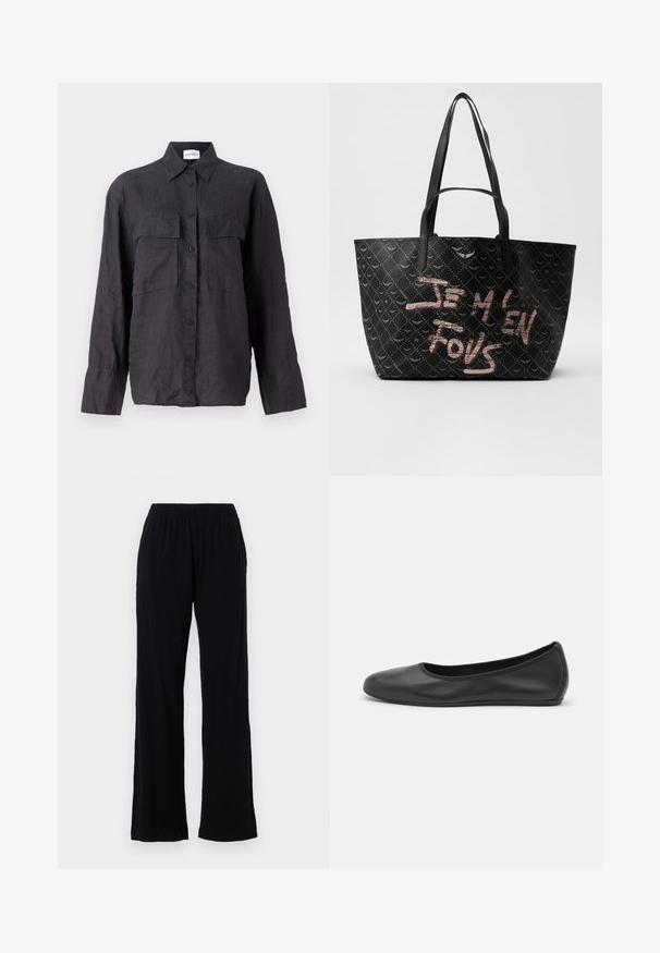 Black linen shirt with a button-down front, two chest pockets, long sleeves, and a classic collar. Textured fabric with a relaxed fit.; Black, lightweight, elastic waist pants with a straight leg design. Soft texture with no visible patterns or accents. Simple and versatile style.; Black leather ballet flat with a rounded toe, smooth texture, minimal stitching detail, and a flexible sole design.; Black tote bag with textured material featuring a diamond pattern, shoulder straps, and bold red and white text reading “JE M'EN FOUS.”