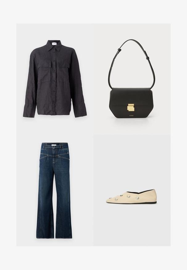 Camisa de linho preta com frente abotoada, dois bolsos no peito, mangas longas e colarinho clássico. Tecido texturizado com um corte descontraído.; Jeans de perna larga feitos de denim azul escuro, com uma cinta alta, dois bolsos frontais e detalhes de costura em contraste.; CLOSED Sabrinas - ecru; CLOSED CLOSED ONE - Mala a tiracolo - black