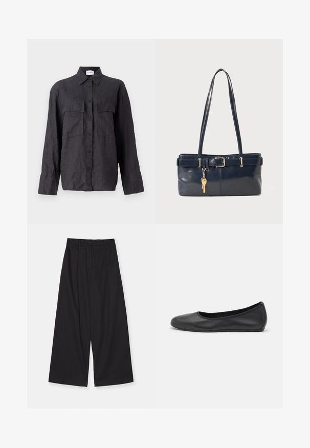Čierna ľanová košeľa s gombíkovým zapínaním vpredu, dvoma vreckami na hrudi, dlhými rukávmi a klasickým golierom. Štruktúrovaná tkanina s voľným strihom.; Čierne široké nohavice vyrobené z hladkej tkaniny, s vysokým pásom, prednými skladmi, zapínaním na gombík a rovnými líniami.; Čierne kožené baleríny s okrúhlou špičkou, hladkým povrchom, minimálnym prešívaním a flexibilným dizajnom podrážky.; Námornícka kožená kabelka s dvoma dlhými uchami, detailom s prackou a pripojeným kľúčovým držiakom. Má hladkú textúru a obdĺžnikový tvar.
