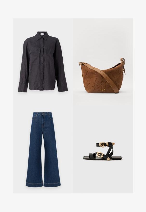 Fekete vászon ing gombos elülső résszel, két mellzsebbel, hosszú ujjakkal és klasszikus gallérral. Textúrált anyag, laza szabással.; Magas derekú, széles lábú kék farmernadrág, gombos záródással, övhurkokkal és diszkrét varrási részletekkel a zsebeknél és a szegélyeknél.; Fekete bőr szandál arany csattal, több hevederrel és lapos talpú dizájnnal, nyitott lábujjú viselethez.; Barna velúr válltáska, dombornyomott virágmintával, sima barna bőrpánttal és arany színű fém kiegészítőkkel.