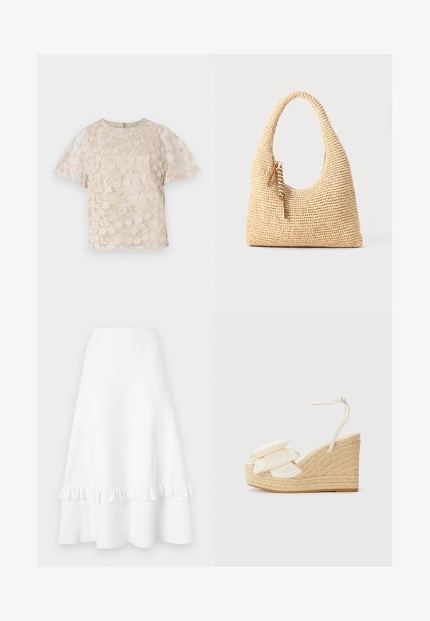 Beige blouse with floral embroidery, sheer puff sleeves, round neckline, and back zipper closure. Textured floral pattern on front panel.; White flared skirt made of textured fabric, featuring a ruffled hem and eyelet design, with a smooth waistband and knee-length cut.; Wedge sandal with a natural jute platform, cream fabric upper, and two layered floral accents; features a thin ankle strap with buckle.; Woven beige handbag with a curved handle, textured surface, and a brown tassel detail. Features a slouchy, hobo shape.