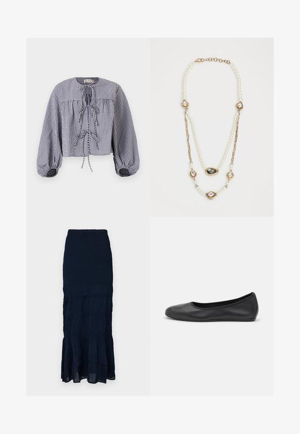 Jūras zila un balta ginekšādas kontrolēta kūta blūze ar apaļu kaklu, savērptu priekšpusi un garām pūkainām piedurknēm ar elastīgām aprocēm un saitēm.; Tumši zils midi svārks ar smokētu rakstu, pakāpienveida, krokojumu apakšu un teksturētu audumu. Elastīgs viduklis regulējamai piekļuvei.; Melna ādas baleta kurpe ar noapaļotu purngalu, gludu tekstūru, minimālu šuvju detalizāciju un elastīgu zoles dizainu.; Pērļu kaklarota ar zelta akcentiem, kurā ir trīs dārgakmeņu rotājumi un savīta ķēdes daļa. Krāsu palete ietver baltu un zeltu.