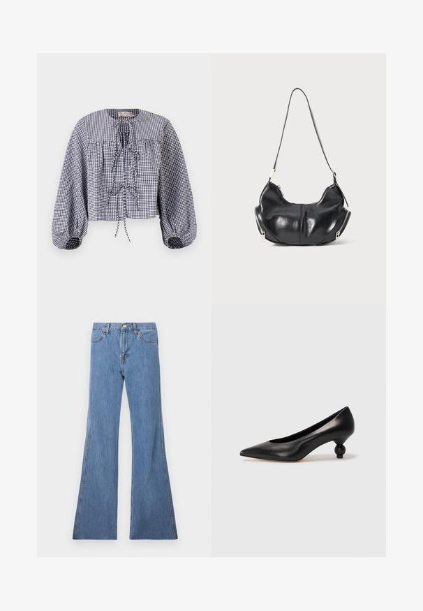 Blusa cropped a quadretti in blu navy e bianco con scollo rotondo, corpino arricciato e maniche lunghe a sbuffo con polsini elastici e fasce. ; Jeans svasati in denim azzurro chiaro con vita alta, dotati di un classico design a cinque tasche e cuciture a contrasto lungo le cuciture.; Scarpa con tacco alto in pelle nera, con punta affilata e tacco arrotondato e bombato. Texture liscia con un design elegante e minimalista.; Borsa a spalla a forma di mezzaluna in pelle nera con zip argento su entrambi i lati e una singola tracolla.