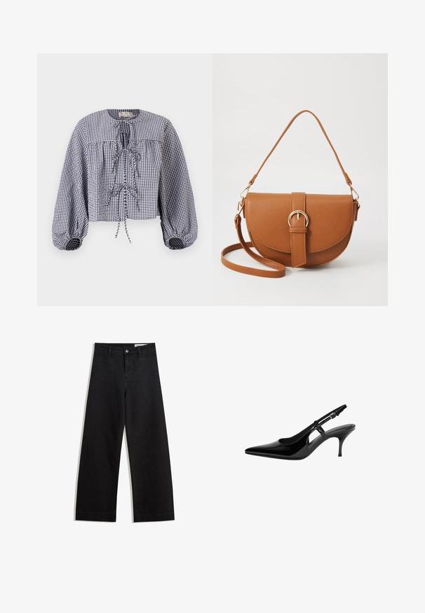 Karierte, verkürzte Bluse in Marineblau und Weiß mit runder Halslinie, gerafftem Oberteil und langen Puffärmeln mit elastischen Bündchen und Bindebändern.; Schwarze weit geschnittene Jeans mit hoher Taille, ausgestattet mit Vorder- und Hintertaschen, gesteppten Nähten und einem Knopfverschluss. Glatte Textur.; Schwarze Lackleder-Slingback-Pumpe mit spitzem Zehenbereich, offenen seitlichen Ausschnitten, schlanker Absatz und verstellbarem Knöchelriemen.; Braune Leder-Crossbody-Tasche mit geschwungener Form, goldfarbenen Beschlägen und einer Schnallenakzentuierung. Verfügt über einen abnehmbaren Schultergurt.