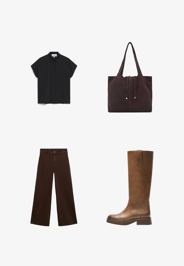 Schwarzes Kurzarmhemd mit Kragen, das ein sauberes, minimalistisches Design und eine glatte Stoffoberfläche aufweist, Knopfleiste vorne und keine sichtbaren Muster.; Braune, weit geschnittene Hosen aus Baumwollmischung mit fransigem Saum, vorderem Knopfverschluss und klassischem Fünf-Taschen-Design. Minimalistisch und vielseitig.; Braunes Leder-Knöchelhochstiefel mit abgerundetem Zeh, strukturiertem Obermaterial und niedrigem, gestapeltem Absatz. Verfügt über ein seitliches Einsätzen und eine Ziehschlaufe an der Oberseite.; Mango Shopping Bag - dark brown