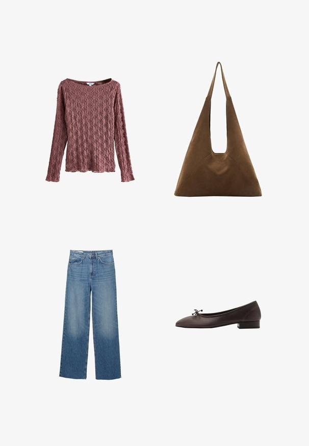 Spitzen-Oberteil mit langen Ärmeln in einem staubigen Rosaton, das über einen weiten Ausschnitt, ein strukturiertes Blumenmuster und eine lockere Passform mit gewelltem Saum verfügt.; Marineblause Longsleeve-Shirt aus Baumwolle mit cremefarbenem Kragen. Vorderseitiger Textdruck: "STADT TOKYO 1968 LEICHTATHLETIKABTEILUNG. LAUFEN UND SPRINGEN."; Hellblaue Denim-Jeans im weiten Schnitt mit hoher Taille, zwei vorderen Taschen und sanften Ausbleichungen an den Oberschenkeln, ausgestattet mit einem normalen Knopf- und Reißverschluss.; Braune Leder-Balletschuhe mit runder Spitze und kleinem Blockabsatz. Mit einer dünnen Schleife an der Vorderseite und dezenten Steppnähten.; Braune Wildleder-Totebag mit einem dreieckigen Design, langen Schulterriemen und einem großen offenen Oberteil mit einem Ausschnittgriff.; Goldkette mit einem strukturierten Blumenanhänger. Die Kette ist fein und flexibel und passt perfekt zum floralen Design.