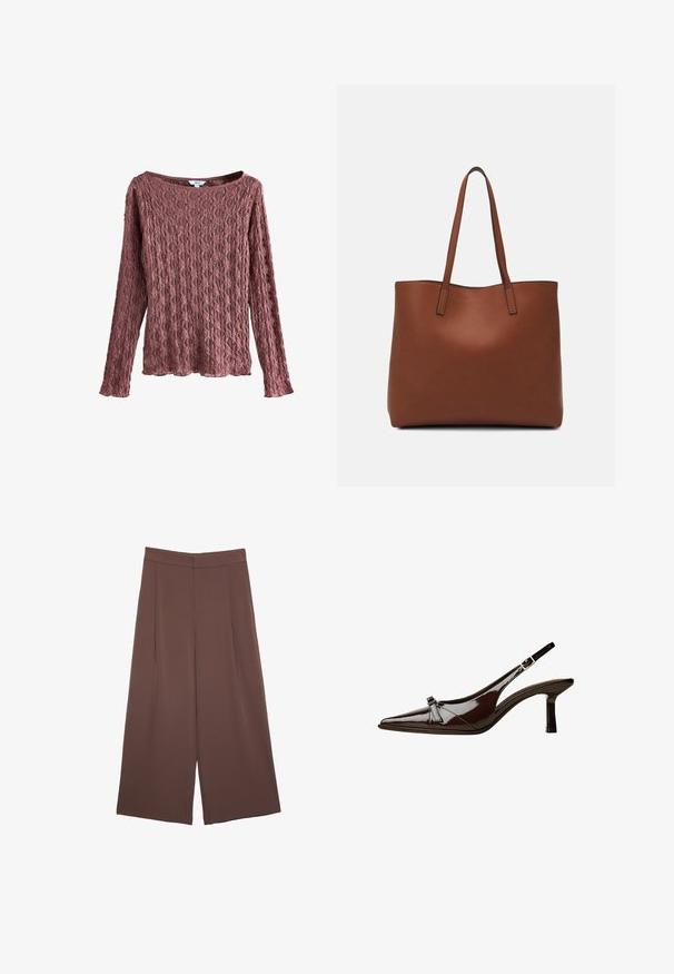 Spitzen-Oberteil mit langen Ärmeln in einem staubigen Rosaton, das über einen weiten Ausschnitt, ein strukturiertes Blumenmuster und eine lockere Passform mit gewelltem Saum verfügt.; Braune Weite-Leg-Hosen mit einer glatten Textur, hoher Taille und Vorderfalten. Der Stoff ist leicht und fällt locker.; Braune Lackleder-Slingback-Schuhe mit spitzem Zehenbereich, niedrigem Absatz und einer dekorativen Schleifenakzent an der Vorderseite. Glatte, glänzende Textur.; Braune Leder-Tote mit glatter Textur, offenem Oberteil und zwei Schulterriemen. Verfügt über minimale Nähte und keine sichtbaren Beschläge.