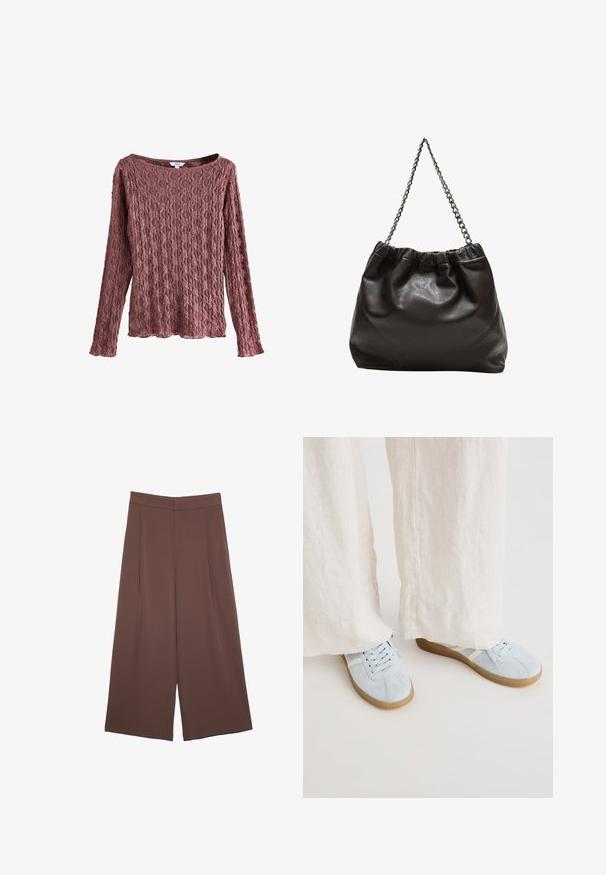 Čipkasta majica dugih rukava u boji prašnjate ruže, s širokim izrezom, teksturiranim cvjetnim uzorkom i slobodnim krojem s valovitim rubom.; Smeđe hlače širokog kroja s glatkom teksturom, koje imaju visok struk i nabore sprijeda. Tkanina je lagana i slobodno se kreće.; Svijetloplave suede tenisice s bijelim detaljima, okrugli vrh i ravni gumeni potplat, uparen s krem-bijelim, širokim platnenim hlačama.; Smeđa kožna torba s naboranim vrhom i lančićem za nošenje. Glatka tekstura s sjajnim završetkom i suptilnim šavnim detaljima sa strane.