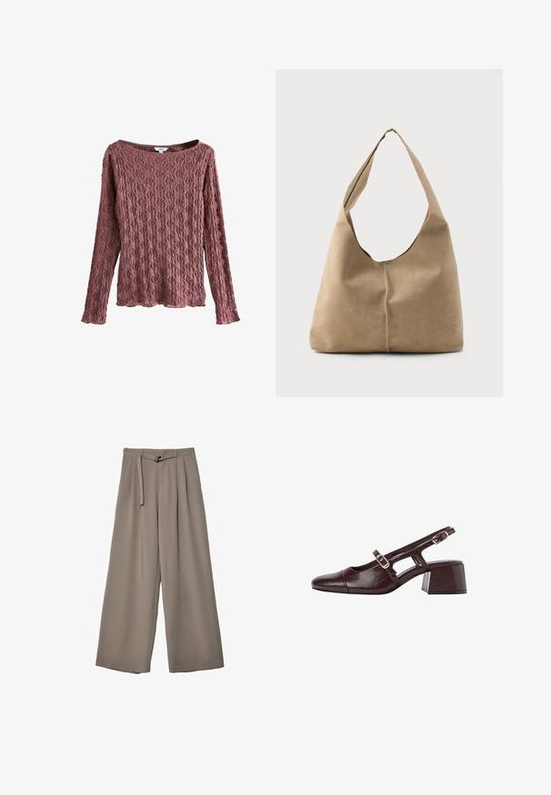 Čipkovaná blúzka s dlhým rukávom v odtieni prašnej ruže, s širokým výstrihom, textúrovaným kvetinovým vzorom a voľným strihom s vlnitým lemom.; Široké nohavice v jemnej, tlmenej šedej tkanine, s opaskom v pase a vreckami pre dodatočný dizajnový detail. Hladký povrch, bez vzorov.; Hnedé kožené sandále na podpätku so štvrtkovým špičkou, vyrezávanými bokmi a blokovým podpätkom. Obsahujú pracku na pásiku okolo členka.; Hobo taška z mäkkej béžovej semišovej kože so splývavým tvarom, širokým ramenným popruhom a ručne šitým detailom švu na prednej strane.