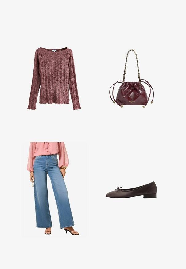 Čipkovaná blúzka s dlhým rukávom v odtieni prašnej ruže, s širokým výstrihom, textúrovaným kvetinovým vzorom a voľným strihom s vlnitým lemom.; Svetlo modré vysoko pásované široké nohavice z denimu s klasickým povrchom. Skombinované s ružovou blúzkou s volánikmi a čiernymi sandálmi na vysokom opätku.; Hnedé kožené baletky s zaoblenou špičkou a malým blokovým podpätkom. Obsahujú tenkú mašľu vpredu a jemné švy.; Bordová kožená taška na šnúrku s retiazkou, s zhromaždeným vrchom, metalickými prvkami a detailom loga na spodnej strane. Hladký, lesklý povrch.