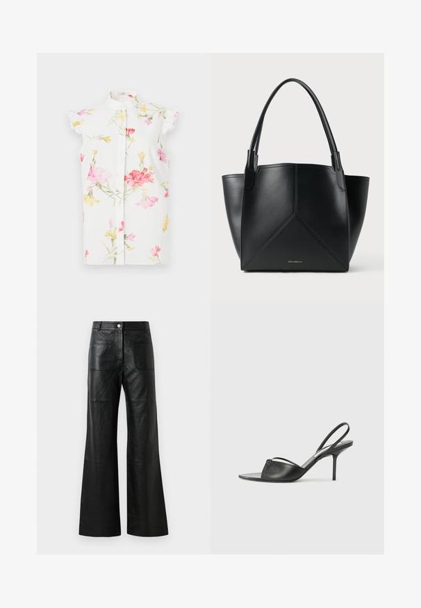 Hvid kortærmet skjorte med opretstående krave, dekoreret med et blomsterprint i pink, rød og gul, samt let rynkedetalje på ærmerne.; Sorte læder bukser med bred ben, frontlommer og knaplukning. Materialet er glat med en let glans og synlige sømdetaljer.; Sorte læder slingback stilethæle med spidse tæer, tynd ankelrem og stilettohæle. Har en knyttet detalje på vamps.; Sort læder tote taske med et geometrisk design, udstyret med to håndtag og gyldent brand på forsiden. Glat tekstur og struktureret form.