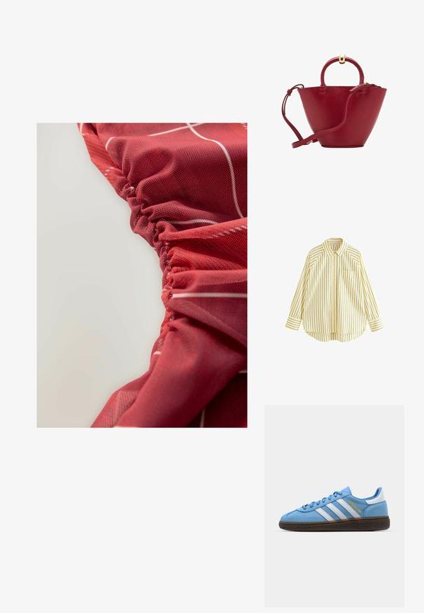 Žlutá pruhovaná košile s dlouhým rukávem, klasickým límečkem, předními knoflíky, kapsou a zaobleným lemem. Obsahuje vertikální pruhy v námořnicky modré barvě.; Červená strukturovaná látka s nařasenými detaily a bílými liniovými vzory, která se vyznačuje hladkým a mírně lesklým vzhledem.; Světle modré semišové tenisky s bílými koženými pruhy, hnědou texturovanou podrážkou a zlatým logem. Nízký design s zaoblenou špičkou.; Červená kožená kabelka s zaobleným vrchem, strukturovaným kuželovým tvarem, krátkým držadlem a odnímatelným ramenním popruhem. Obsahuje zlaté kovové akcenty.