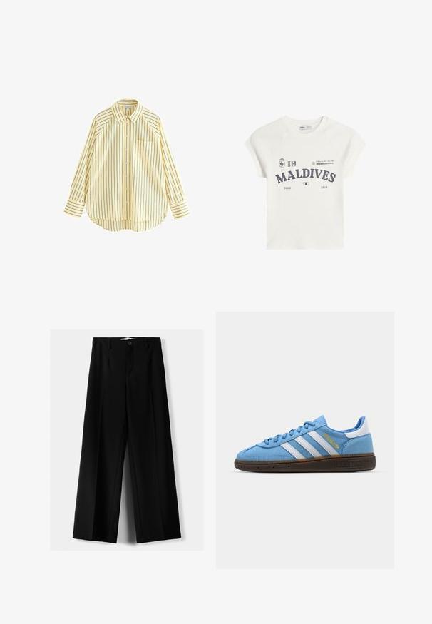 Yellow striped long-sleeve shirt with a classic collar, front buttons, pocket, and rounded hem. Features navy blue vertical stripes.; White cotton t-shirt with short raglan sleeves. Features "MALDIVES" graphic print in dark gray, along with logos and dates 2008 and 2014.; Black wide-leg trousers made of lightweight fabric, featuring a front button closure and flat front, with neatly stitched hems.; Light blue suede sneakers with white leather stripes, a brown textured sole, and gold logo detail. Low-top design with rounded toe.