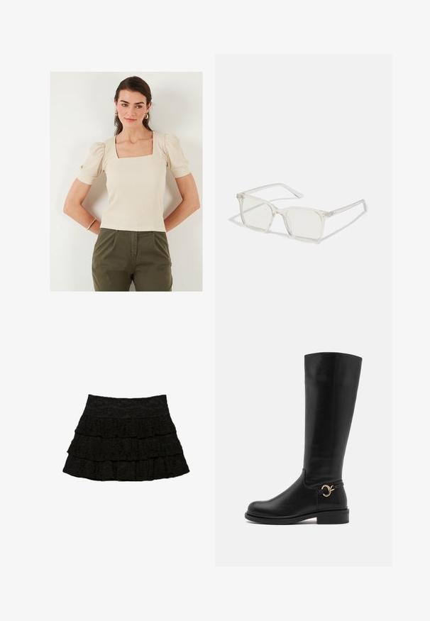 Top beige con scollo quadrato e maniche a sbuffo, texture a costine. Abbinato a pantaloni verde oliva, il modello indossa orecchini a cerchio dorati.; Gonna nera a balze con tre strati di volant e un motivo floreale testurizzato. Vita elastica per comfort e vestibilità.; Anna Field Wide Fit Stivali alti - black; Occhiali da sole quadrati in plastica trasparente con lenti traslucide, caratterizzati da dettagli in oro sulle tempie.; Borsa in ecopelle color crema, morbida, con design arricciato, tracolla regolabile e chiusura a coulisse discreta. Texture liscia e forma arrotondata.