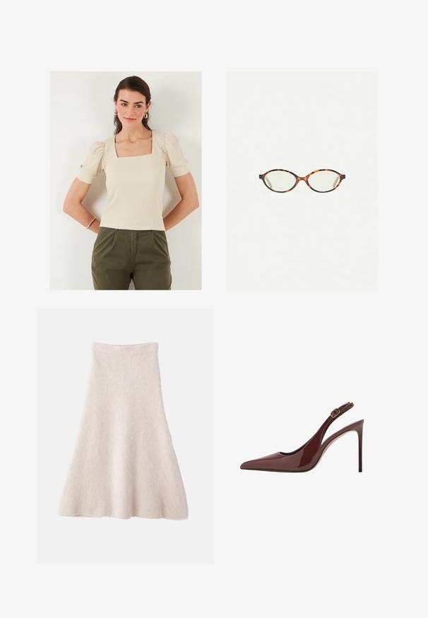 Béžový top s obdélníkovým výstřihem a nabíranými rukávy, žebrovaná textura. V kombinaci s olivovými kalhotami, modelka nosí zlaté kruhové náušnice.; Světlé béžové sukně ve tvaru A vyrobená z měkké, texturované látky, má hladký pas a splývavou siluetu.; Tmavě hnědá lakovaná kožená lodička na vysokém podpatku se špičatou špičkou, nastavitelným popruhem a štíhlým jehlovým podpatkem.; Želvovinové brýle s oválnými čočkami a hladkým, jemným povrchem. Má tenké bočnice s jemným zakřivením v chrámcích. Čiré čočky.