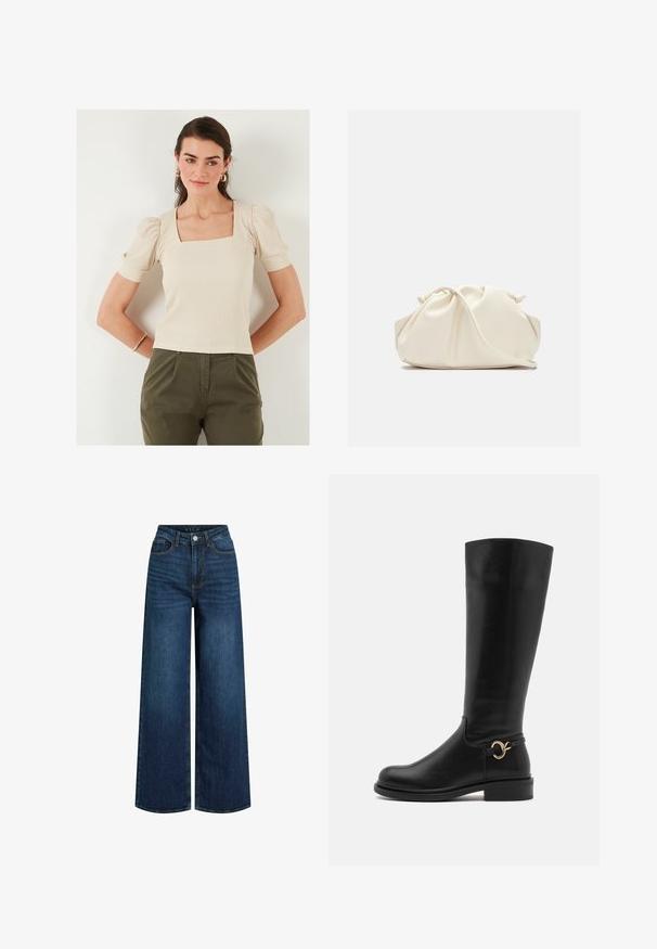 Bež bluzica s kvadratnim izrezom i napuhanim rukavima, rebraste teksture. U kombinaciji s maslinastozelenim hlačama, model nosi zlatne naušnice u obliku obruča.; Široke traperice od tamnoplave denima s visokim strukom, s patentnim zatvaračem, prednjim džepovima i vidljivim šavovima.; Anna Field Wide Fit Čizme - black; Torba od mekanog umjetnog kože krem boje s nabranim dizajnom, podesivim remenom i suptilnim zatvaranjem uzicom. Glatka tekstura i zaobljen oblik.; Srebrne viseće naušnice s zaobljenim, reflektirajućim površinama; minimalistički dizajn s glatkom teksturom i suptilnim detaljem brendiranja.