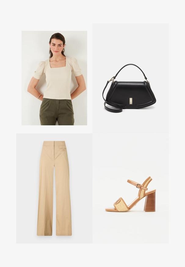 Beige top met vierkante halslijn en pofmouwen, ribbelstructuur. Gecombineerd met olijfgroene broek, model draagt gouden creolen.; Beige wijde broek gemaakt van een katoenmix. Kenmerkt zich door een gladde textuur, een elastische tailleband en een zijknopdetail.; Bruine leren en geweven rieten sandalen met hak, voorzien van een enkelbandje, open teen en een chunky houten hak met horizontale strepen.; Zwarte leren handtas met een gestructureerd ontwerp, featuring een verkorte vorm, bovenhandvat en gouden hardwareaccent. Inclusief verstelbare schouderband.
