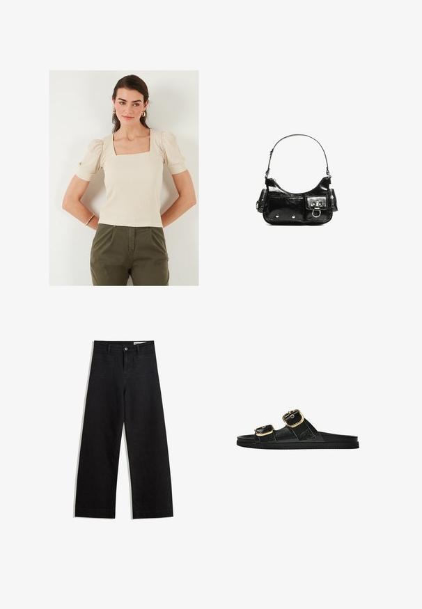 Beige Top mit Quadrat-Ausschnitt und Puffärmeln, gerippte Textur. Kombiniert mit olivgrünen Hosen, das Model trägt goldene Creolen.; Schwarze weit geschnittene Jeans mit hoher Taille, ausgestattet mit Vorder- und Hintertaschen, gesteppten Nähten und einem Knopfverschluss. Glatte Textur.; Schwarze Riemensandale mit zwei goldenen Schnallendetails, glattem Material, flachem Sohlen und minimalistischer Gestaltung.; Schwarze Lackleder-Handtasche mit geschwungenem Design, einem Schulterriemen, Vordertaschen und silberfarbenen Hardware-Akzenten.