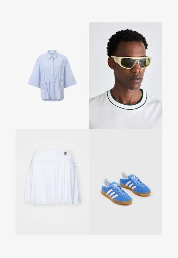 Pruhovaná blúzka v svetlomodrej a bielej farbe, s golierom, krátkymi širokými rukávmi a nastaviteľnou šnúrkou v páse. Ľahký materiál.; Biela tenisová sukňa vyrobená z elastického materiálu, s hladkým pásom a jemnými skladačkami, so malou logom nášivkou v hornej ľavej časti.; Modré semišové športové topánky s bielymi pruhmi, gumovou podrážkou a polstrovaným golierom pre pohodlie. Majú klasický dizajn na šnurovanie.; Slnečné okuliare s priesvitným žltým rámom a zelenými sklami. Ostrý dizajn so širokými nohami, nosené s bielou košeľou so zelenými akcentmi.
