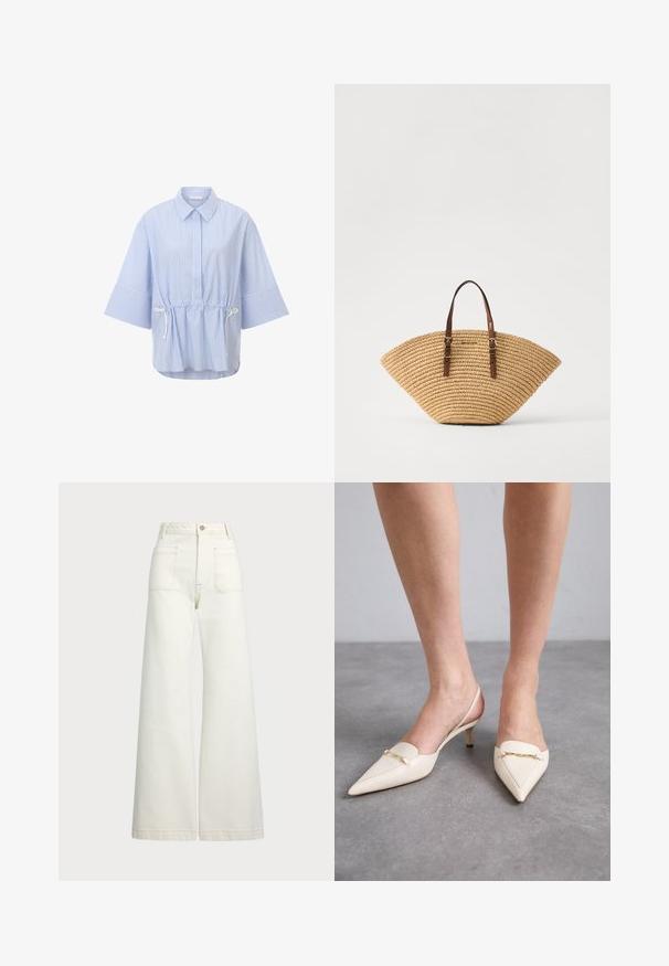 Ribade bluus helesinis ja valges, millel on krae, lühikesed laiad varrukad ja reguleeritav nöör vööl. Kerge kangas.; Laiad teksad heledast denimist. Kõrge vöökoht, nööbivöö, kaks esikotitäit ja kontrastsed õmblused.; Kreemivalged, terava ninaga slinkback kontsad, millel on peen keskmine konts, kaunistatud kuldse ahelaga säärel ja siledast nahast tekstuur.; Päevalillekujulise õlgkoti pruunid nahk käepidemed ja struktureeritud kootud pind. Loomulik tan värv, millel on sile pind ja minimaalsed dekoratiivsed detailid.